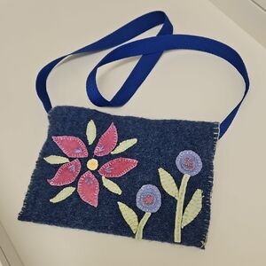 HAND MADE Navy Felt Mini Crossbody Bag with Pink Floral Appliqué